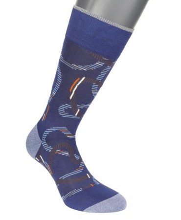 Pournara sock in purple base with asymmetric colored pattern in light blue and orange