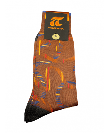 Fashion pournara sock in brown base with asymmetric colored design in blue and orange