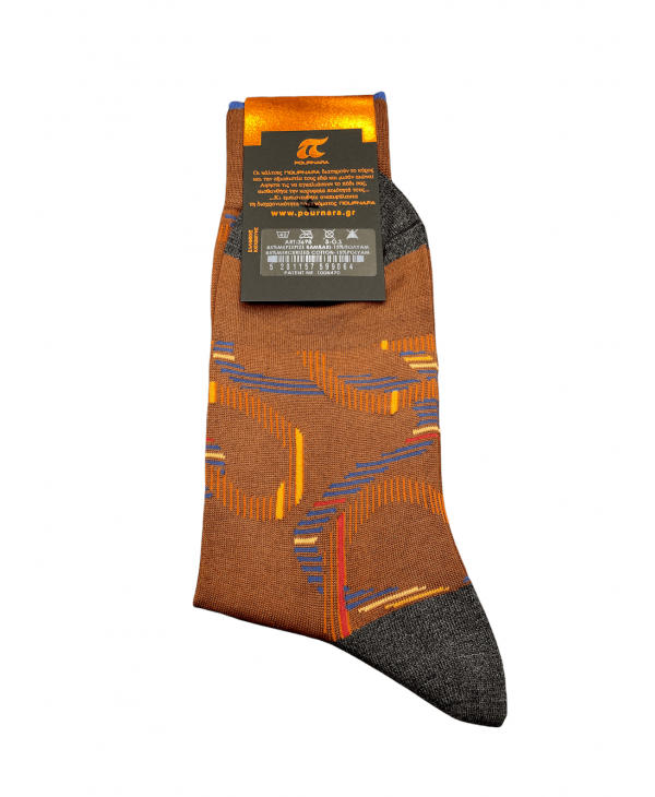 Fashion pournara sock in brown base with asymmetric colored design in blue and orange POURNARA FASHION Socks