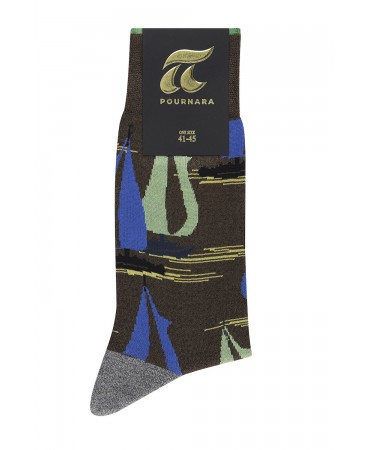 Fashion pournara sock in brown base with sailing boats in blue and green color