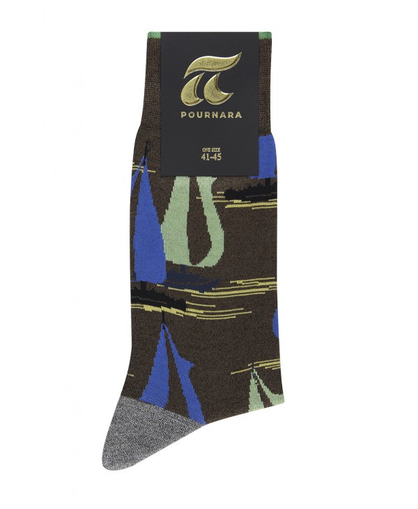 Fashion pournara sock in brown base with sailing boats in blue and green color POURNARA FASHION Socks
