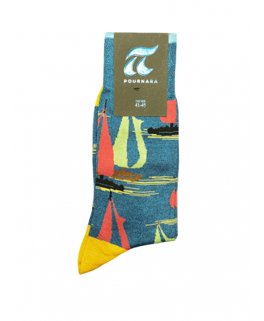 Fashion pournara sock in petrol base with sailing boats in red and green color