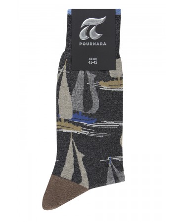 Pournara sock in anthracite base with sailing boats in gray and beige