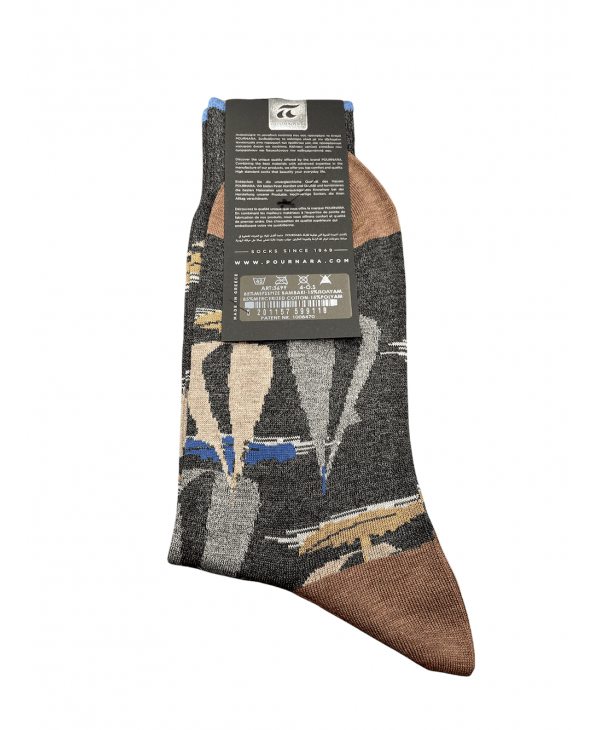 Pournara sock in anthracite base with sailing boats in gray and beige POURNARA FASHION Socks