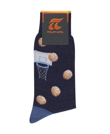Pournara Fashion Socks in Blue Base with Basketball Balls and Basket