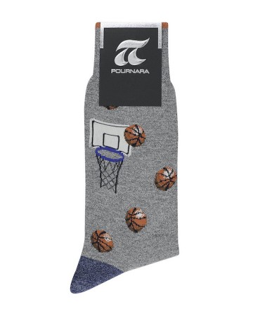 Pournara Fashion Sock in Gray Base with Basketball Balls and Basket