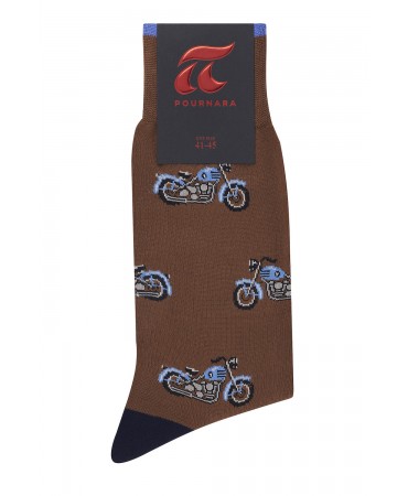 Designer socks Pournara in brown base to motorcycles blue
