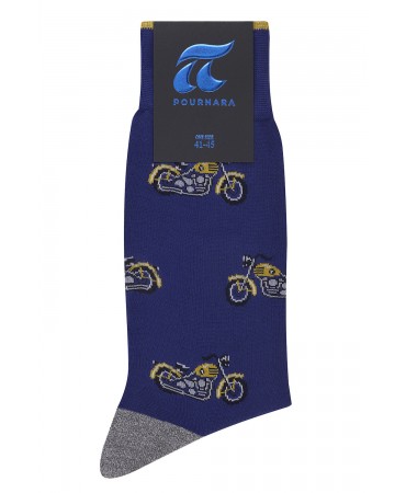 Design sock on a blue base with yellow motorcycles
