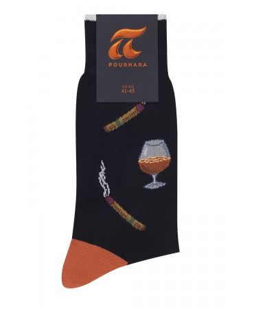 Black Pournara design sock with cigar and brandy design