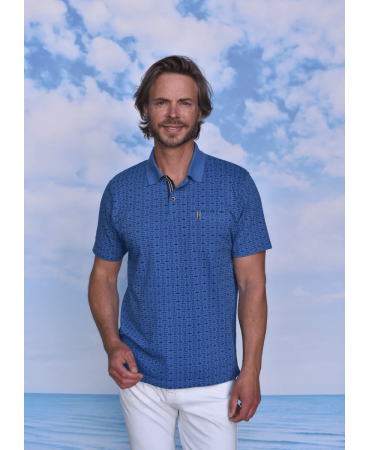Polo shirt with pocket on seam base with geometric pattern in blue