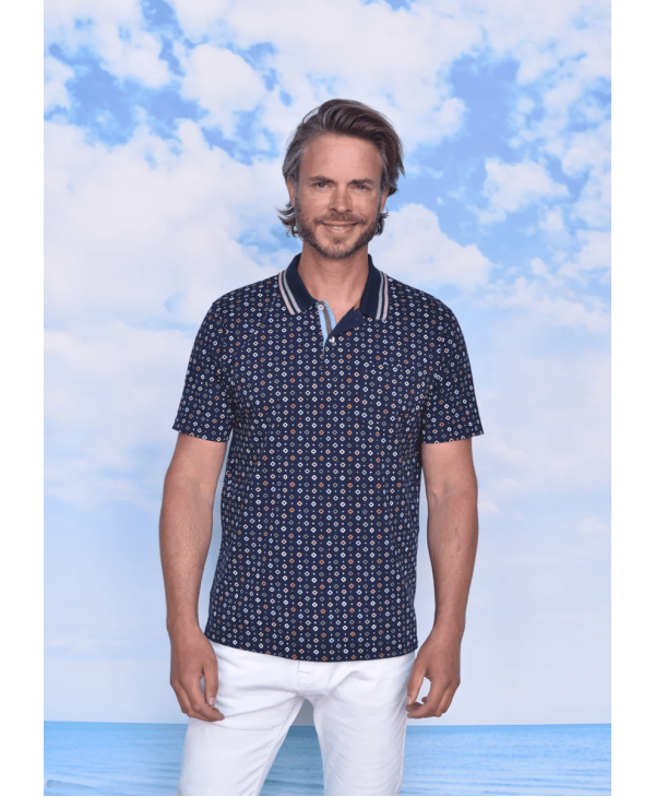 Polo Blouse Summer Meantime in blue base with geometric colorful diamonds SHORT SLEEVE POLO 