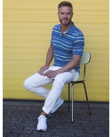 Cotton polo with Meantime pocket on blue base with yellow, white, gray and blue stripe