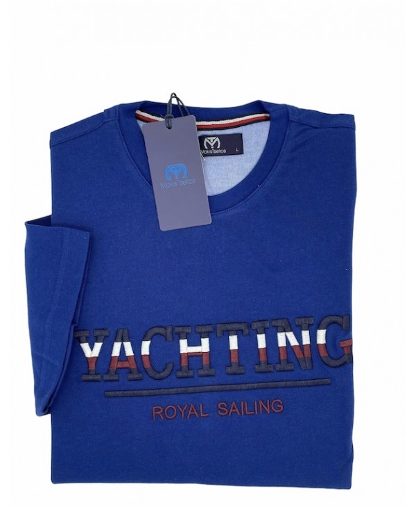 Makis Tselios Tshirt Blue with YACTING logo Front and Company Logo on the Sleeve