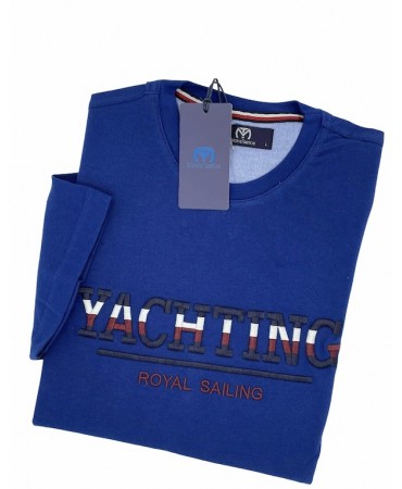 Makis Tselios Tshirt Blue with YACTING logo Front and Company Logo on the Sleeve