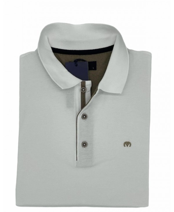 Makis Tselios Blouse in White 100% cott. with Beige Finishes and Wooden Buttons SHORT SLEEVE POLO 