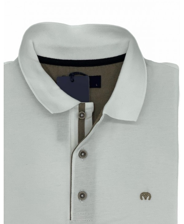Makis Tselios Blouse in White 100% cott. with Beige Finishes and Wooden Buttons SHORT SLEEVE POLO 