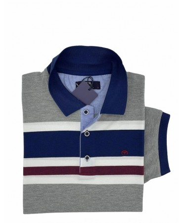 Makis Tselios Men's T-Shirt Short Sleeve Gray with Bordeaux and Blue Stripes