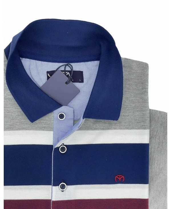 Makis Tselios Men's T-Shirt Short Sleeve Gray with Bordeaux and Blue Stripes SHORT SLEEVE POLO 