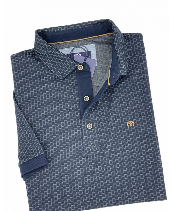 Makis Tselios Polo with Button in Blue Base and Gray Thumbnail in Comfortable Line SHORT SLEEVE POLO 