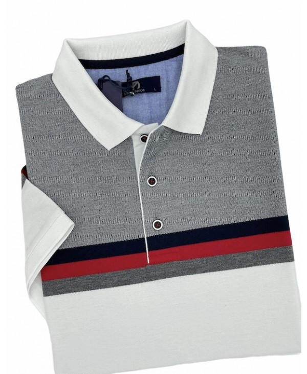 Makis Tselios Collar Blouse in White Base and Gray Top As well as Blue and Red Stripe SHORT SLEEVE POLO 