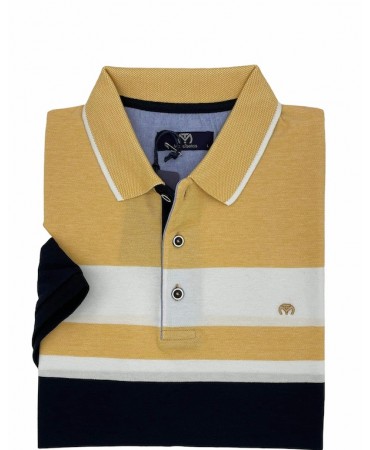 Men's T-Shirt Short Sleeve Makis Tselios in Blue Base with Stripes in Yellow and White