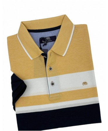 Men's T-Shirt Short Sleeve Makis Tselios in Blue Base with Stripes in Yellow and White