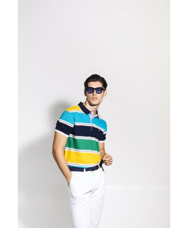 Makis Tselios Men's T-Shirt Short Sleeve with Blue, Green and Turquoise Stripes