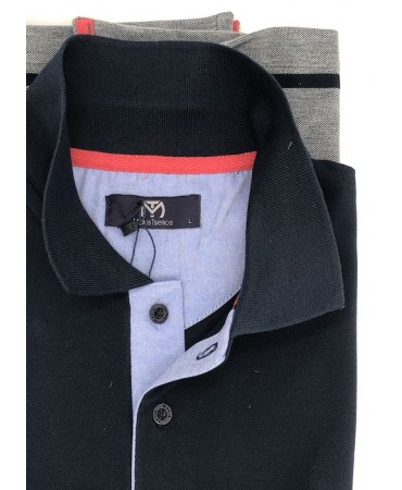 Makis Tselios Polo Shirt in Gray Base with Blue and Coral Stripes