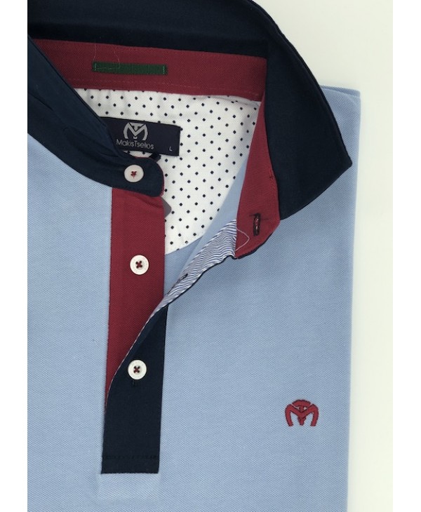 Makis Tselios Polo Light Blue with Red and Blue Collar and Patilet SHORT SLEEVE POLO 
