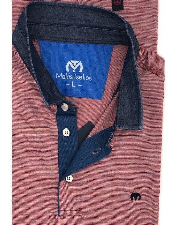 Men's Polo Makis Tselios Piraeus Red with Blue Fabric Collar SHORT SLEEVE POLO 