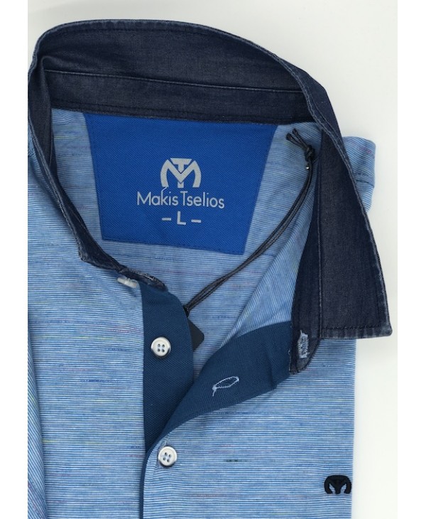 Men's Polo Makis Tselios Blue with Blue Fabric Collar SHORT SLEEVE POLO 