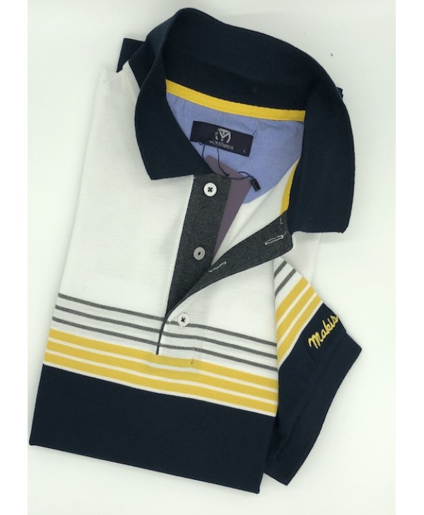 Polo Makis Telios in Blue with White Base and Yellow and Gray Stripes SHORT SLEEVE POLO 
