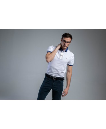 Makis Tselios white polo shirt with rua collar and sleeve trim as well as wooden buttons