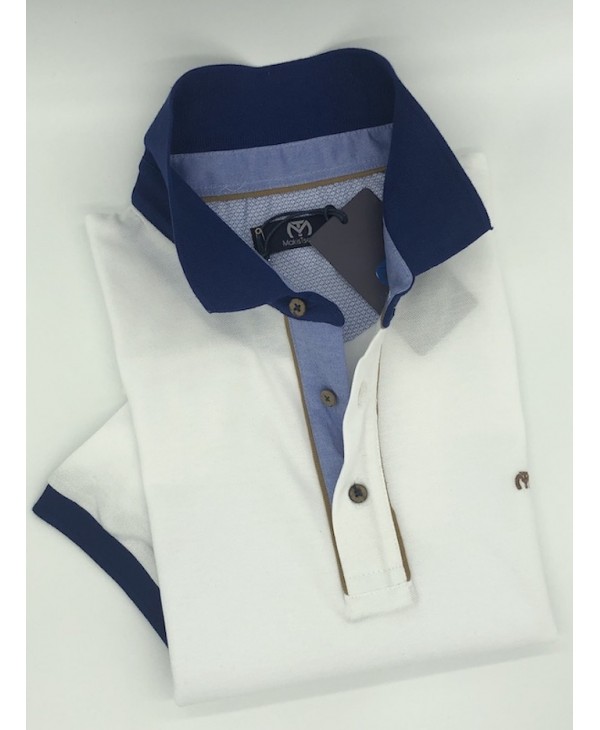 Makis Tselios white polo shirt with rua collar and sleeve trim as well as wooden buttons SHORT SLEEVE POLO 