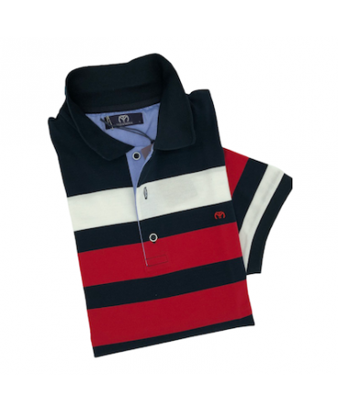 Makis Tselios T-shirt in blue base with red stripes and a white as well as blue flakes