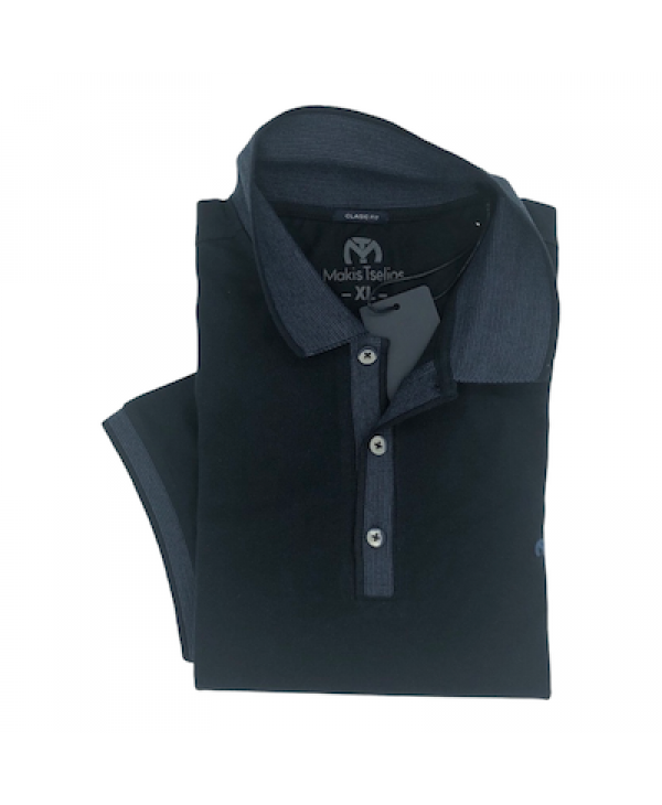 Makis Tselios blue t-shirt monochrome with ink blue satin collar and finishes on the sleeves SHORT SLEEVE POLO 