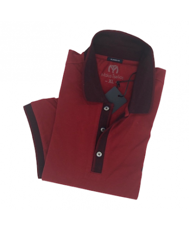 Makis Tselios red monochrome t-shirt with ink red satin collar and sleeve trim