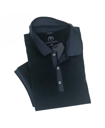 Makis Tselios blue t-shirt monochrome with ink blue satin collar and finishes on the sleeves