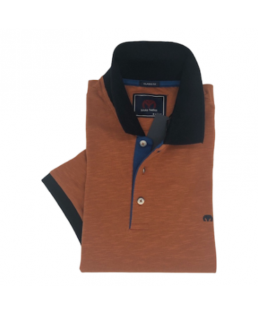 Makis Tselios polo tampa with blue collar and sleeve trim as well as ruffles