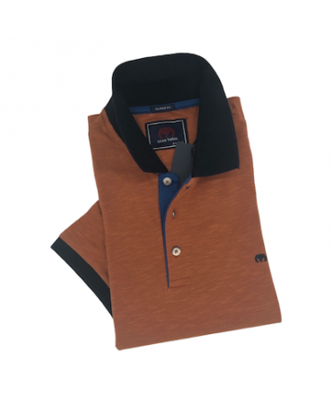 Makis Tselios polo tampa with blue collar and sleeve trim as well as ruffles