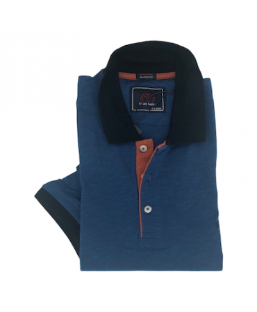 Makis Tselios polo seam with blue collar and sleeve finishes as well as tampa flakes