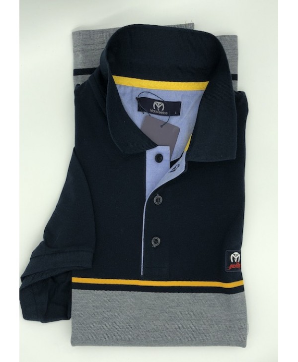 Makis Tselios Polo Shirt in Gray Base with Blue and Yellow Stripes SHORT SLEEVE POLO 