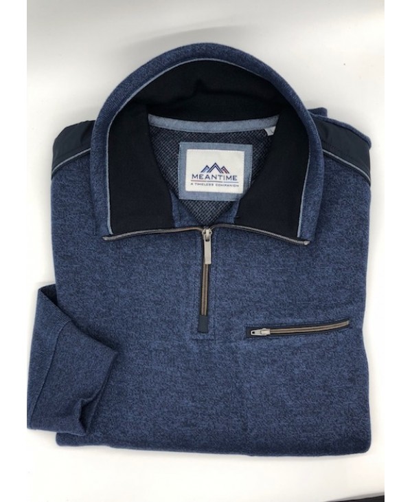 Meantime Pole Zipper in Blue with Shoulders and Zippered Pocket POLO ZIP LONG SLEEVE