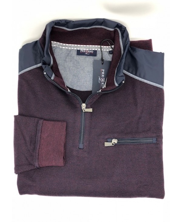 Pole Zipper in Bordeaux Melange Color with Blue Details and Pocket with Zipper POLO ZIP LONG SLEEVE