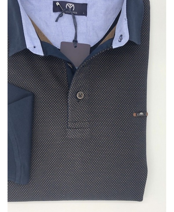 Makis Tselios Polo with button on a blue base and beige micro design in a comfortable line POLO BUTTON LONG SLEEVE