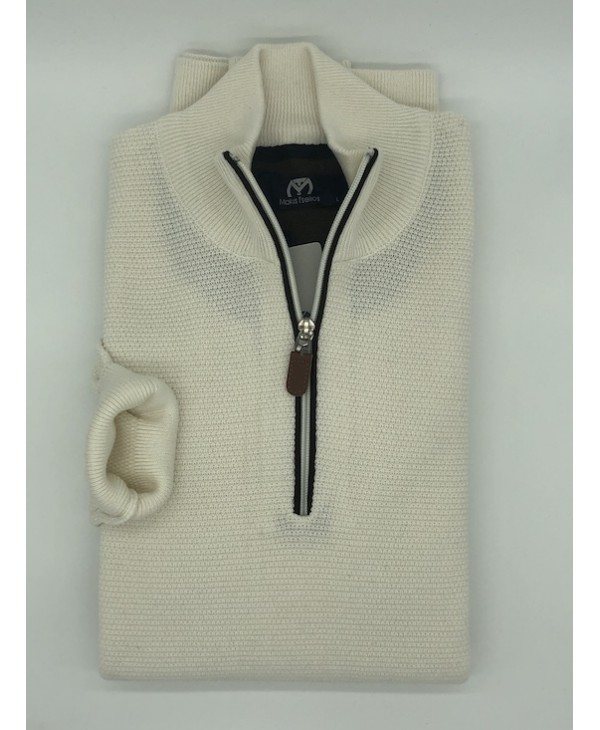 Makis Tselios Cotton Blouse with Zipper and Rally Brown in White Color POLO ZIP LONG SLEEVE