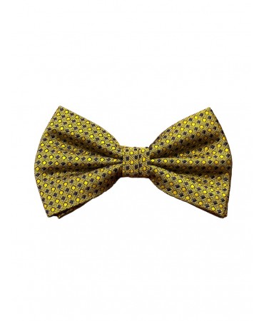 Men's bow tie on a yellow base with a blue small pattern