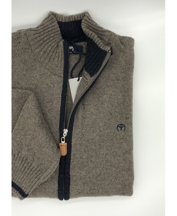 Knitted Cardigan Makis Tselios with Beige Zipper with Blue Details and Pockets JACKETS