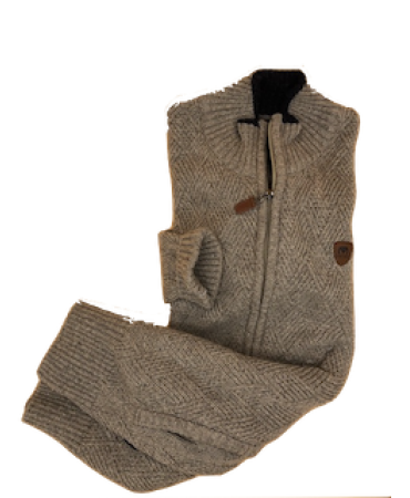 Woolen Cardigan with Zipper and Side Pockets in Beige Color with Embossed Rhombus Makis Tselios