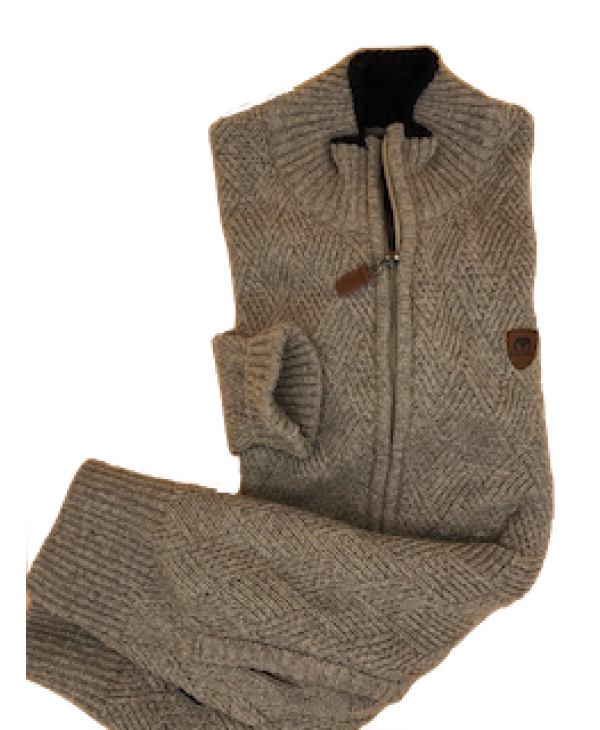Woolen Cardigan with Zipper and Side Pockets in Beige Color with Embossed Rhombus Makis Tselios JACKETS
